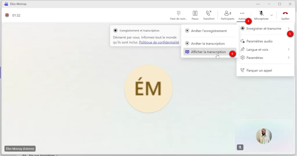 Afficher la trancription en direct dans votre appel Teams