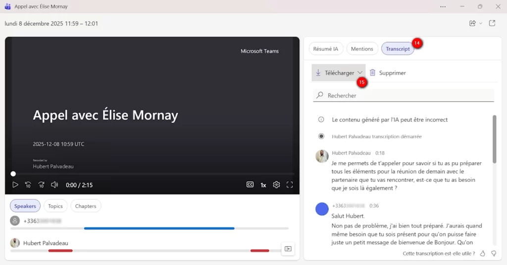 Télécharger la transcription de votre appel Teams